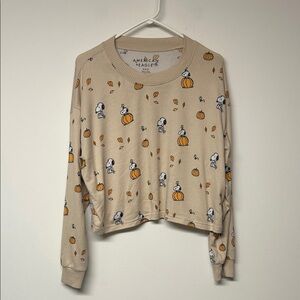 American Eagle Beige Snoopy Pumpkin Crop Sweater Top